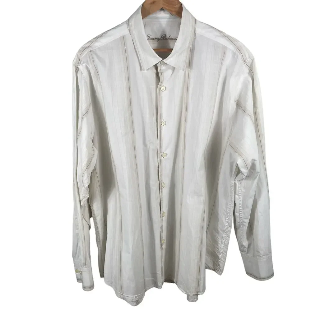 Tommy Bahama Men's Button Up Long Sleeve Shirt XL Cream Striped 100% Cotton